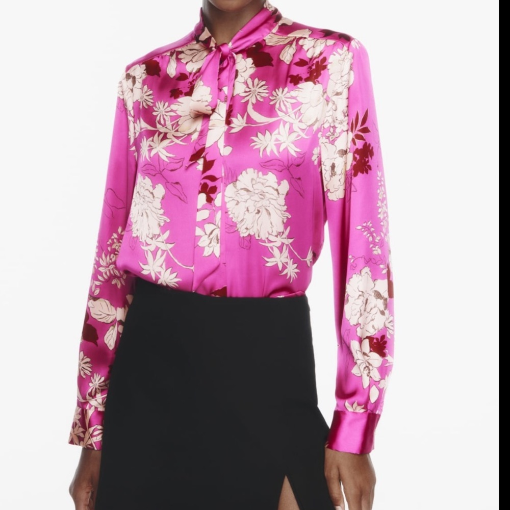 Zara Pink Floral Satin Tie-Neck Button Down Shirt